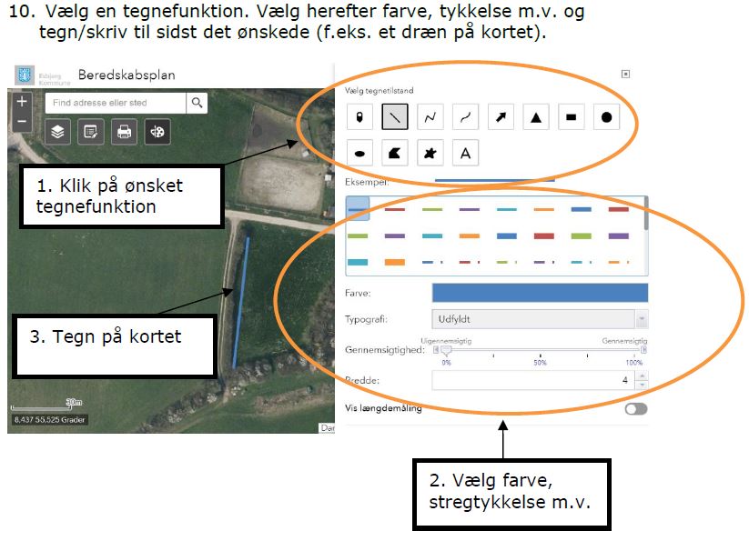 Vælg en tegnefunktion. Vælg herefter farve, tykkelse mv. og tegn eller skriv det ønskede på kortet. 